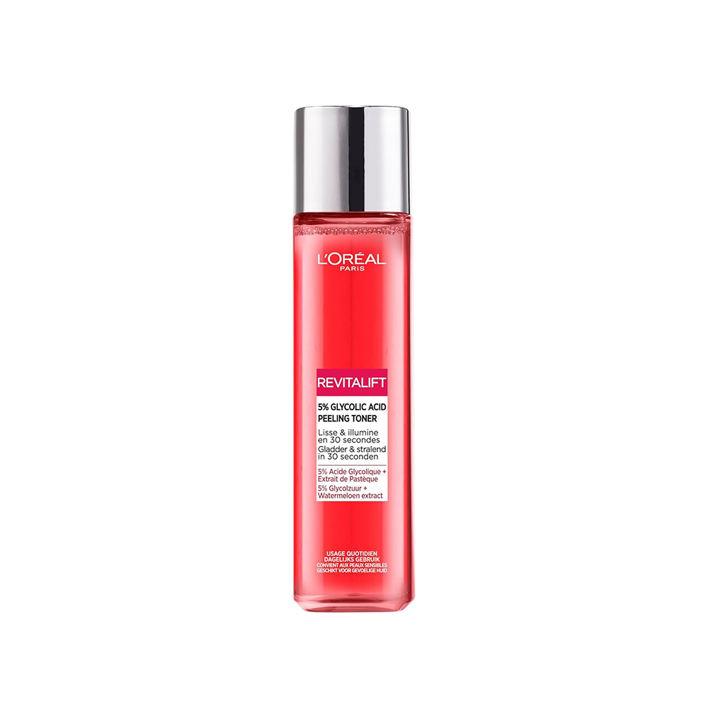 تونر لایه بردار و روشن کننده و ضد لک حاوی گلیکولیک اسید لورال L'Oréal paris revitalift 5 glycolic acid peeling toner